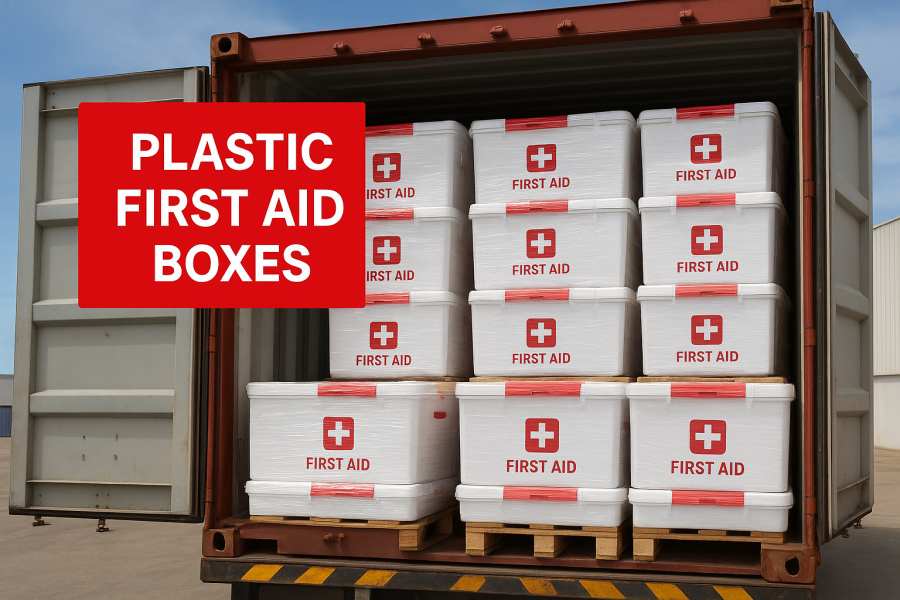 Yiwu Kebon Healthcareは、ドバイにプラスチックの応急処置箱の完全な容器を出荷します